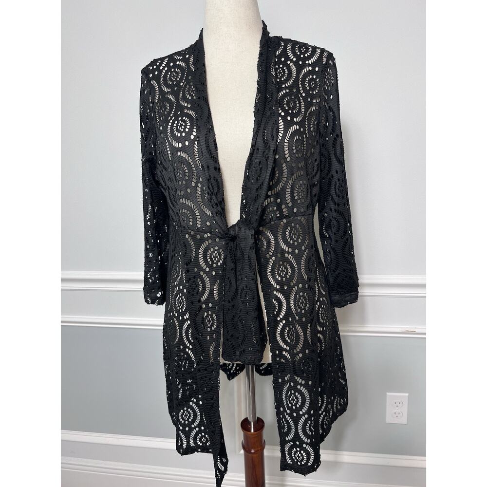 CATALINA (XL) Black Open Lace Swimsuit Beach-Pool-Cover Up-Tie-Knit Kimono-Sheer - Picture 2 of 16